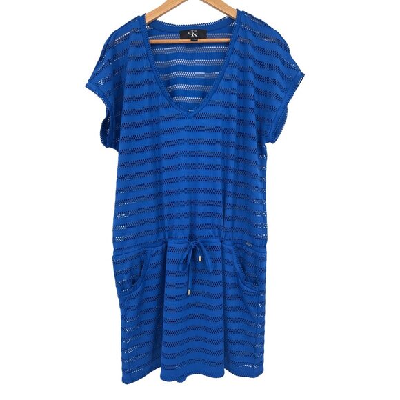 Calvin Klein Womens Blue Mesh swim Cover-Up Dress Drawstring Pockets size large - Picture 2 of 5